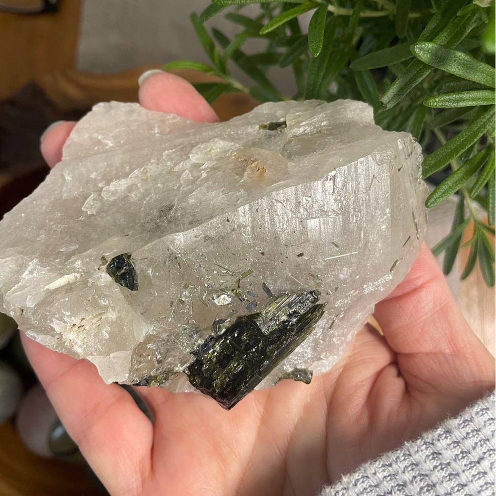 Natural Clear Quartz Crystal with Green Tourmaline from Brazil